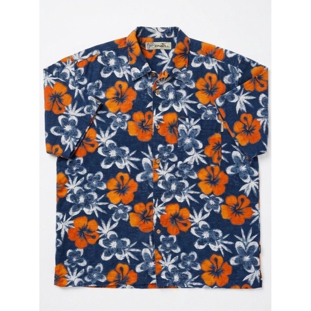 O’Neill Vintage 90s Hawaiian Aloha Shirt Medium Blue Orange Hibiscus Retro Surf